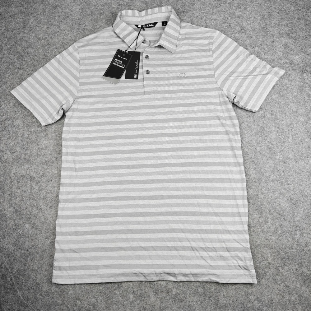 Travis Mathew Polo Shirt Men's Medium Heather Sleet Gray Striped Lightweight NEW